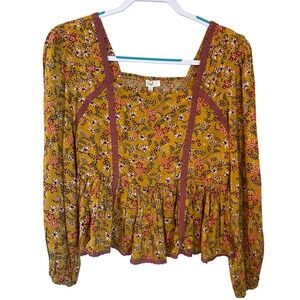 Easel Size S Mustard Floral Boho Peplum Blouse Square Neck Crochet Trim Western